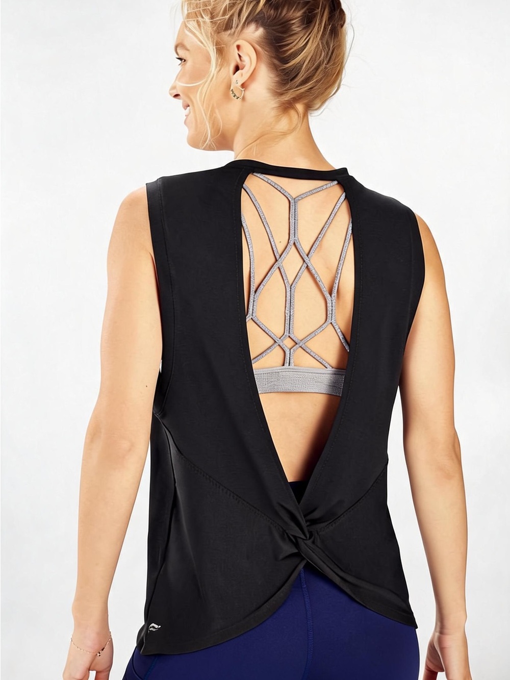 Black Open-Back Twist Tank with Strappy Detail